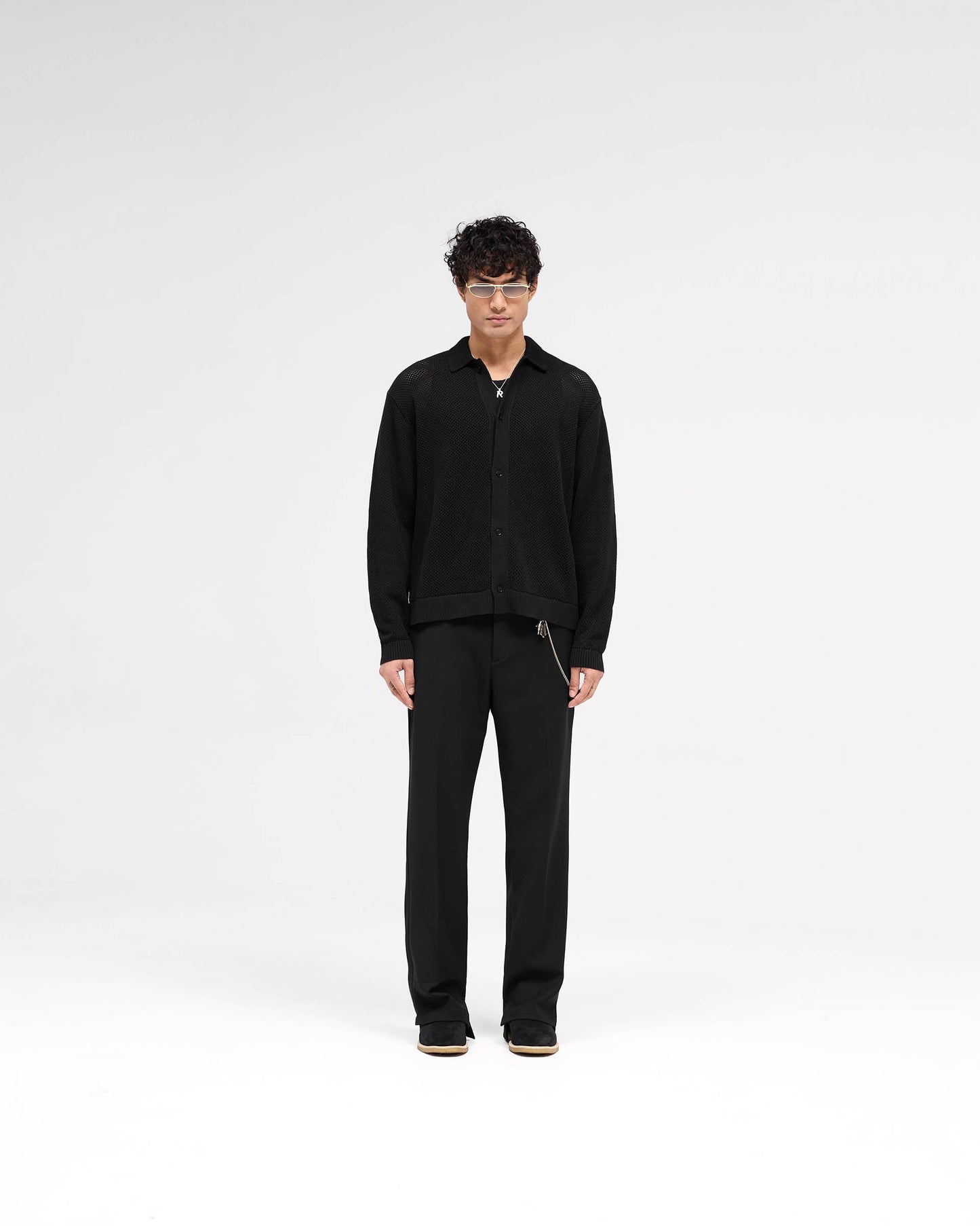 Long Sleeve Mesh Knit Shirt - Jet Black