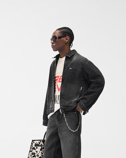 Collared Denim Jacket - Aged Black